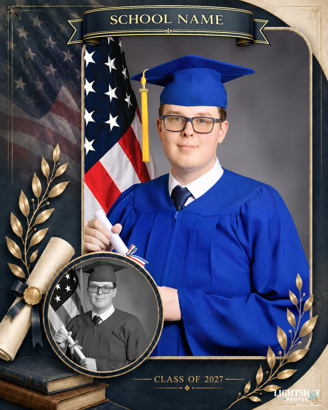 Graduation portrait with cap and gown in a decorative frame