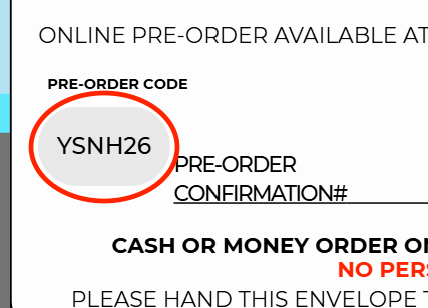 Close-up of a school photo envelope with the pre-order code circled in red